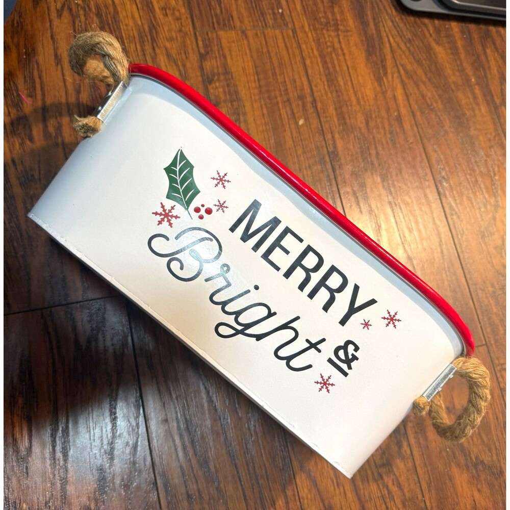 Vintage Merry and Bright Christmas Metal Bucket Rope Handles 15in Red trim X6